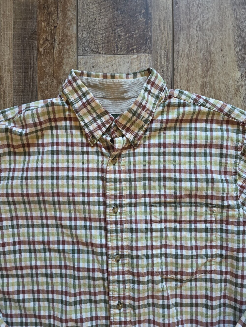 Eddie Bauer - Corduroy Trim Plaid Button Down Shirt - L - Earth Tone Plaid